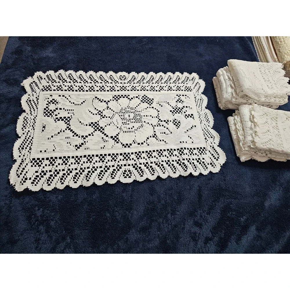 Vintage White Crochet Lace Placemats Floral Rose Scalloped Doilies Set of 10